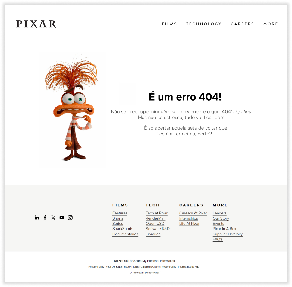 Exemplo de uma página com erro 404 da Pixar