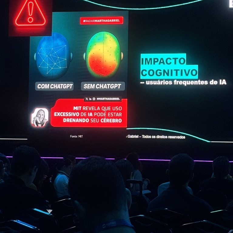 Slide da palestra de Martha Gabriel no RD Summit mostrando comparação entre atividade cerebral "com ChatGPT" e "sem ChatGPT", com destaque para impacto cognitivo e alerta do MIT sobre uso excessivo de inteligência artificial.
