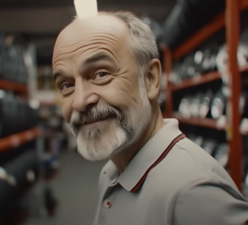 Cena do filme da campanha Força G da GetNet, criado por IA generativa, mostrando um homem sorridente em um corredor de loja com prateleiras de produtos ao fundo.