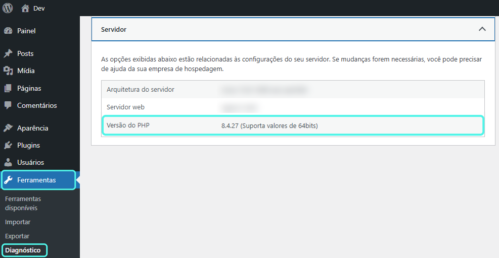 Painel do WordPress em Ferramentas e Diagnóstico, com a seção Servidor destacando a versão PHP 8.4.27.